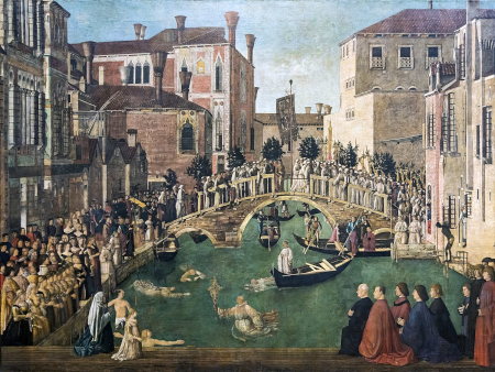 Il Miracolo della Croce caduta nel canale di San Lorenzo dipinto di Gentile Bellini
