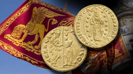 immagini di antiche monete veneziane sulla bandiera della Serenissima